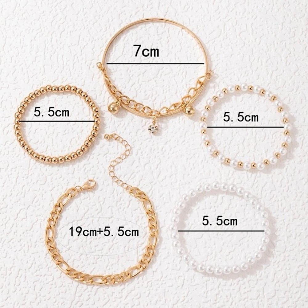 Gold Plated Chain and Faux Pearl Bracelets - set of 5 - Picture 5 of 5